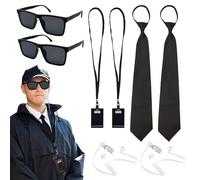TUONYIS Set di 10 accessori da agente, set di accessori per costume da spia, con occhiali da sole, cravatta, porta carte, auricolare finto, puntello per carta d'identità, guardia giurata