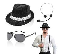 TUONYIS Set di 3 accessori per costume da adulto per cosplay, costume da re del pop, con cappello con paillettes, microfono, occhiali da sole, guanti con paillettes, rocker star anni '80 (3 pezzi)