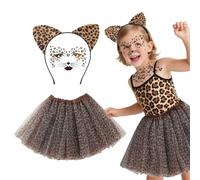 TUONYIS Set di Costumi Leopardo Capelli Leopardata, Adesivo per Leopardo, Leopardo Gonna Tutu, Costume per Animali Set per Bambini Carnival Giungla Festa di Halloween (Marrone)