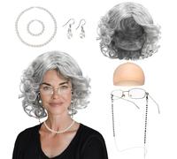 TUONYIS Set di parrucca grigia da nonna, costume da vecchia signora, con parrucca, occhiali, catena di perle, braccialetto, orecchini, per Halloween, Giornata mondiale del libro, cosplay, carnevale