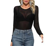 Tuopuda Body Donna Elegante Sexy Nero Maniche Lunghe, Body Pizzo Trasparente Sheer Mesh Intimo Vintage Sottogiacca Lingerie Bodysuit, Nero-1, XL