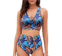 Tuopuda Costume Donna Due Pezzi Push Up Imbottito Reggiseno Costumi da Mare Bikini Set a Spiaggia Piscina Curvy Costumi da Bagno Beachwear Swimwear Vita Alta, Blu, S