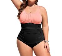 Tuopuda Costume Intero Donna Costume Contenitivo Modellante Pancia Piatta Costumi Plus Size Curvy Swimsuit da Mare Swimwear Monokini con Spalline Regolabili, Rosa&Nero, L