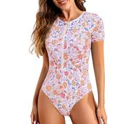 Tuopuda Costume Intero Donna Costume Contenitivo Modellante Pancia Piatta Sportivo Beachwear Maniche Corte Costumi Bikini Un Pezzo Swimsuit da Mare Swimwear Monokini, Rosa, S
