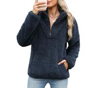 Tuopuda Donna Felpe Senza Cappuccio Pullover Pile Tops Termico Manica Lunga Felpe con Zip Tasche Maglione Caldo Autunno Invernali Sweatshirt Eleganti Hoodie Fleece Jumper Maglietta, Marina, S