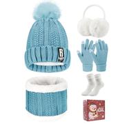 Tuopuda Set Cappello Sciarpa Guanti Paraorecchie e Calze Invernale Donna in Maglia Berretto Pompon Guanti Touchscreen Scaldacollo Caldo Moda 5 Pezzi, Azzurro con scatola regalo