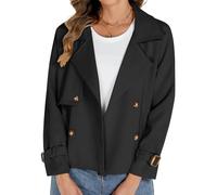 Tuopuda Trench Donna Corto Giubbotto Giacca Primaverile Autunnale Doppiopetto Classico Antivento Trench Coat Maniche Lunghe Trenchcoat Cappotti Mantello Windbreaker Giacche con Tasche, Nero, L