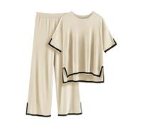 Tuopuda Tuta da Donna Autunnale Invernale Primavera Completo Elegante Set di Pantaloni a Gamba Larga e Maglione Manica Corta Girocollo 2 Pezzi, Beige, S