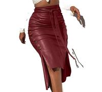 TUOYDJA Gonna in Pelle, Gonna Pelle Donna Donne PU. Gonna in Pelle Midi Gonna a Vita Alta a Vita Alta Lace-up con Bottone Laterale Sottile Skinny Matita Gonna a Matita for Ladies Streetwear(Red,XL)