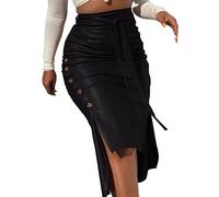 TUOYDJA Gonna in Pelle, Gonna Pelle Donna Donne PU. Gonna in Pelle Midi Gonna a Vita Alta a Vita Alta Lace-up con Bottone Laterale Sottile Skinny Matita Gonna a Matita for Ladies Streetwear(Black,XL)