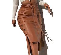 TUOYDJA Gonna in Pelle, Gonna Pelle Donna Donne PU. Gonna in Pelle Midi Gonna a Vita Alta a Vita Alta Lace-up con Bottone Laterale Sottile Skinny Matita Gonna a Matita for Ladies Streetwear(Auburn,L)