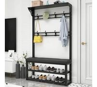 TUOYIBO Appendiabiti in Metallo Panca per Scarpe da Ingresso 3 in 1 per Ingresso con 10 Ganci e Scarpiera a 2 Livelli, Moderno Scaffale per Appendere la Giacca, Montaggio Facile, Nero 100x30x172 cm