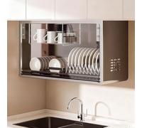 TUPAFJU Scolapiatti a parete in acciaio inox con porta in vetro, portapiatti a parete con vassoio di scarico, portapiatti multifunzionale, non richiede montaggio(Gray)