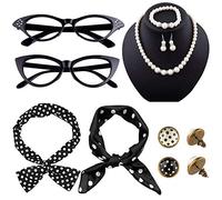 TUPARKA 12 Pezzi Accessori Costume Fascia Anni 50 Donna Include Occhiali Anni 50 Orecchini e Sciarpa a Pois, Fascia per Capelli, Bracciale e Collana per La Festa