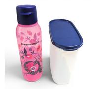Tupperware EcoEasy Borraccia da 750 ml, rosa/viola con fiori e coperchio flip top + contenitore SIGNORA WARE Eidgenosse da 1,7 litri, trasparente/blu, set da cucina e da asporto senza BPA