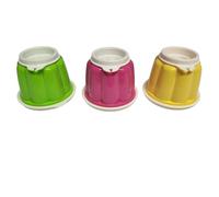 Tupperware Set di 3 stampi per budini con 2 coperchi, rotondi, per budini, gelatine, dolci, gialli, verdi, rosa