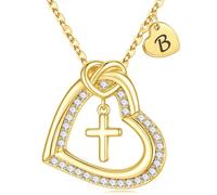 Turandoss Collana a forma di croce in oro con lettere, placcata in oro 14 carati, con lettere dalla A alla Z, regalo personalizzato per compleanno, battesimo, regalo cristiano per donne, ragazze