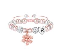 Turandoss Regalo per ragazze e bambine, braccialetto con fiori, perle rosa e strass, sfere a forma di cuore e lettere dalla A alla Z, regalo di compleanno per ragazze, figlie, nipote, Eine Grösse