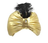 Turbante orientale dorato - Cappello Aladdin Sultan con piuma e gemma, accessorio vintage per costume da uomo, donna, adolescente, ideale per carnevale, teatro e costumi di carnevale.