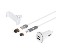 TURBOCAR - Caricabatteria da auto - Kit di ricarica USB 3 in 1-1 presa accendisigari 12-24 V - 2 porte USB 5 V - 1 supporto per smartphone - 1 cavo piatto 2 in 1 - Lunghezza cavo: 1 m - Colore: Bianco