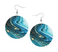 Turchese Blu Oro Stampa Marmo Piercing Rotondo Orecchini In Pelle Set 1 Paio di Eleganti Orecchini In Pelle Penzolare Cerchio Per Le Donne, One Size, Poliestere