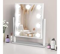 TUREWELL Hollywood - Specchio da trucco con luci, grande specchio illuminato con luce a 3 colori e 9 lampadine a LED dimmerabili, schermo touch intelligente e rotazione di 360 gradi