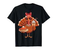 Turkey Drinking Coffee Bow Thanksgiving Womens Turkey Day Maglietta