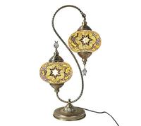 Turkish Mosaic 2-Light Table Lamp Moroccan Classic Double-Head Gooseneck Table Light Handmade Glass Decorative Night Lights for Bedroom Room Restaurants Bar Cafe,Yellow