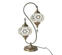 Turkish Mosaic 2-Light Table Lamp Moroccan Classic Double-Head Gooseneck Table Light Handmade Glass Decorative Night Lights for Bedroom Room Restaurants Bar Cafe,White
