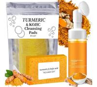 Turmeric Wash and Care 3 Piece Set, Turmeric Face Wash with Brush, Lemon Face Bar, Scrub Pads, Facial Cleansing Skincare Set