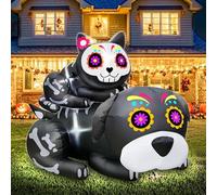 TURNMEON 1,5 m Giorno dei Morti Gonfiabile Cane e Gatto con Teschio di Zucchero Decorazioni Esterne, Dia De Los Muertos Blow Up Decorazioni Gonfiabili Zucchero Teschi Cane con Built-in LED Outdoor