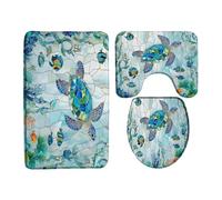 Turtle Stained Glass Blue Teal Underwater Ocean Animal Sea Turtle Fish Coastal Copriwater Set 3 Pezzi, Zerbino Resistente Tappeto Con Profilo A U Per Doccia Servizi Igienici