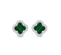 Tuscany Silver Orecchini a perno da donna in argento Sterling rodiato con quadrifoglio da 11 mm in malachite e zirconia bianca da 1,1 mm