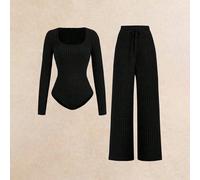 Tuta a costine e pantaloni set da 2 pezzi, outfit comodo per casa & sport, abbigliamento sportivo casual, tuta a maniche lunghe con pantaloni a gamba larga, stile basic essenziale per autunno/inverno,