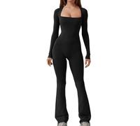 Tuta a Manica Lunga Donna Nera a Costine Tuta a Collo Quadrato Ragazze magre Tuta Intera Pantaloni a Campana Moda Sexy Unitard per Allenamento, Yoga, Danza (Taglia M)