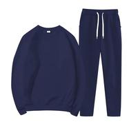 Tuta a maniche lunghe da donna, tuta da ginnastica da donna, casual, in tinta unita, con gamba larga, set da 2 pezzi, felpe senza cappuccio e pantaloni da jogging con coulisse, per tutti i giorni, Blu