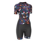 Tuta aderente da ciclismo da donna imbottita monopezzo per triathlon con top e pantaloncini corti con design sublimato e pantaloncini con pettorina, Triangolo, L