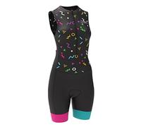 Tuta aderente da ciclismo da donna imbottita monopezzo per triathlon con top e pantaloncini corti con design sublimato e pantaloncini con pettorina, XL