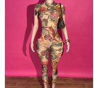 Tuta aderente da donna in rete a maniche corte con collo alla coreana, stampa a figura di drago a trama aperta, look sexy, adatta per festival musicali di strada primaverili ed estivi L,M,S,XL,XS,XXL,