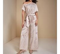 Tuta ampia asimmetrica con una spalla, vita elastica e stampa all-over, tuta elegante da donna per l'autunno con una spalla, tuta larga e sciolta per donna, tuta larga, tuta beige larga e sciolta per