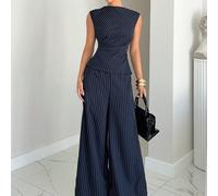 Tuta asimmetrica da donna a righe blu navy, tuta elegante senza maniche adatta per pendolarismo, ufficio, outfit da insegnante, ritorno a scuola, estate L,M,S,XSA strisceTessuto intrecciato