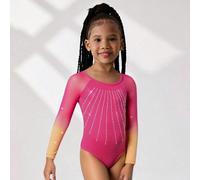 Tuta attiva per ragazze giovani con alta elasticità a 4 vie, body leotard a maniche lunghe in rete sfumata con decorazioni in strass, adatto per fitness, sport all'aperto, danza, yoga, ginnastica 6Y,7