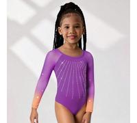 Tuta attiva per ragazze giovani con alta elasticità a 4 vie, body leotard a maniche lunghe in rete sfumata con decorazioni in strass, adatto per fitness, sport all'aperto, danza, yoga, ginnastica 6Y,7