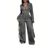Tuta Cargo Jeans Donna,Collo Revers Zip Frontale Maniche Lunghe Gamba Larga | Tante Tasche Cargo,Vita Aderente Taglio Gamba Larga,Maniche Lunghe Lunghezza Intera,Outfit Denim Effetto Vintage