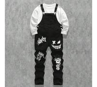 Tuta casual alla moda per ragazzi pre-adolescenti, stile Y2K vintage, cool, per il ritorno a scuola e il college, con stampa sorridente e graffiti, basic, semplice, comoda e carina, in denim nero ader