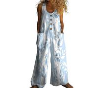 Tuta casual da donna in cotone e lino con stampa patchwork senza maniche a gamba larga con bottoni e tasche per le donne, blu cielo, XXL