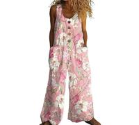 Tuta casual da donna in cotone e lino con stampa patchwork senza maniche a gamba larga con bottoni e tasche per le donne, rosa, 3XL