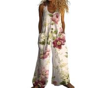 Tuta casual da donna in cotone e lino, senza maniche, con scollo a U, gamba larga, stampa giungla con bottoni e tasche, per le donne, Verde, XXL