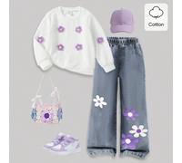 Tuta casual da ragazza (taglia piccola) per primavera, autunno e inverno, adatta per il ritorno a scuola. Caratterizzata da un design floreale 3D viola carino su una maglia a nido d'ape bianca con col