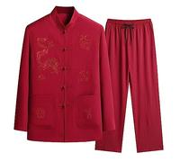 Tuta casual da uomo stile cinese tradizionale abito da uomo allentato Kung Fu uniforme tai chi arti marziali vestiti Wushu tuta due pezzi tuta tuta con bottoni e tasche, Colore: rosso, M